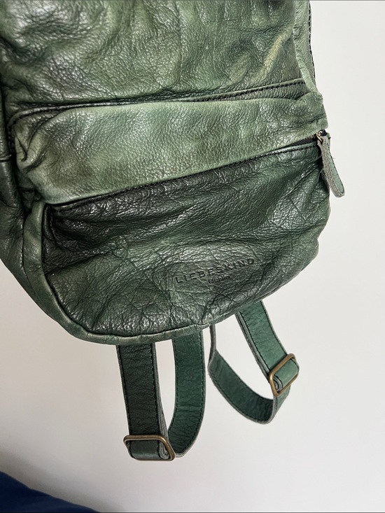 Liebeskind Berlin vintage green leather knapsack backpack book bag yellow inside